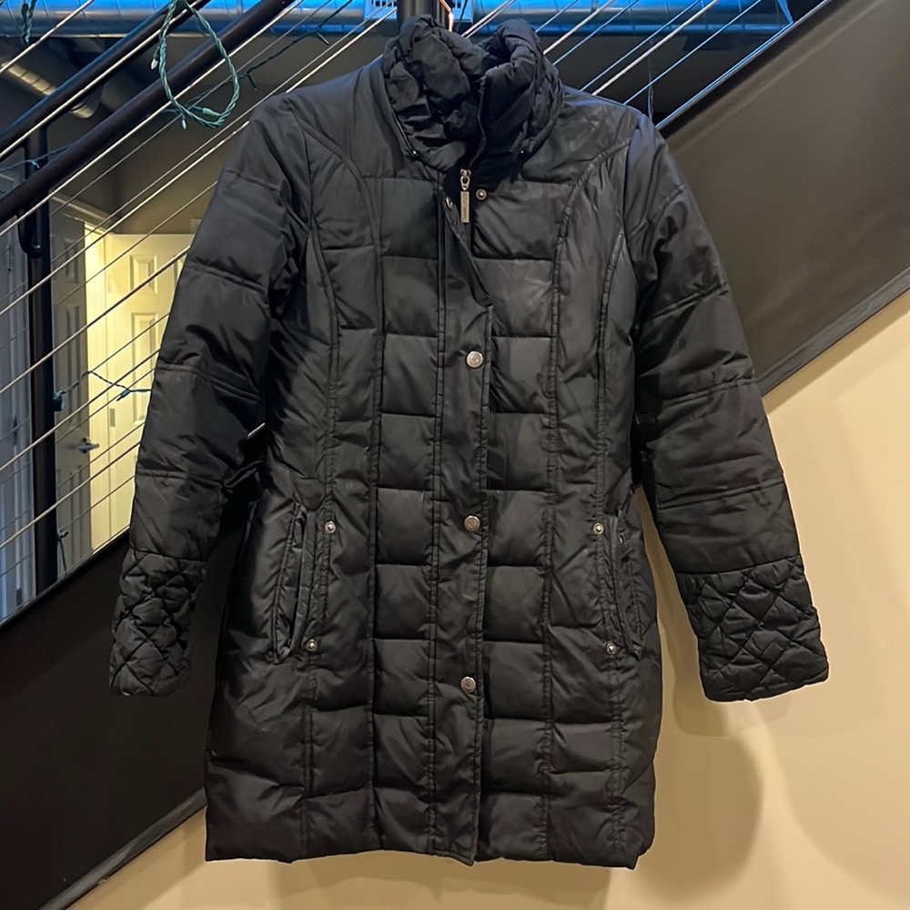 Betsy Johnson Mid thigh puffer coat with floral print insert